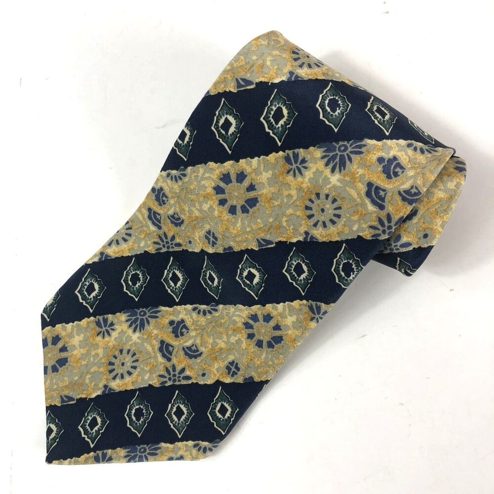 Metropolitan Museum of Art Silk Tie Vtg Blue Gold Geometric Pattern Made Canada